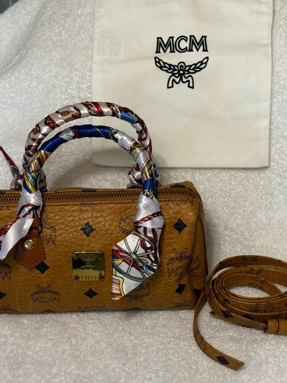 MCM Cognac Visetos Mini Nano Boston 2-way Handbag Crossbody, Twillied Handles